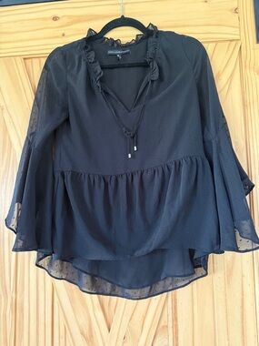 White House Black Market Black Swiss Dot Ruffle Peplum Blouse